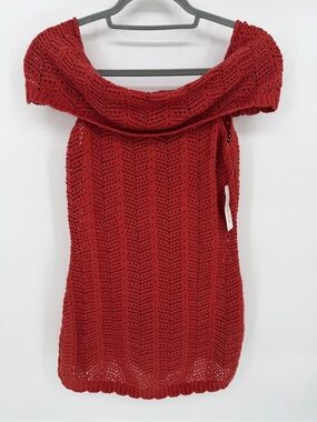 Third Charm Off-the-Shoulder Open-Knit Sweater Top - Red